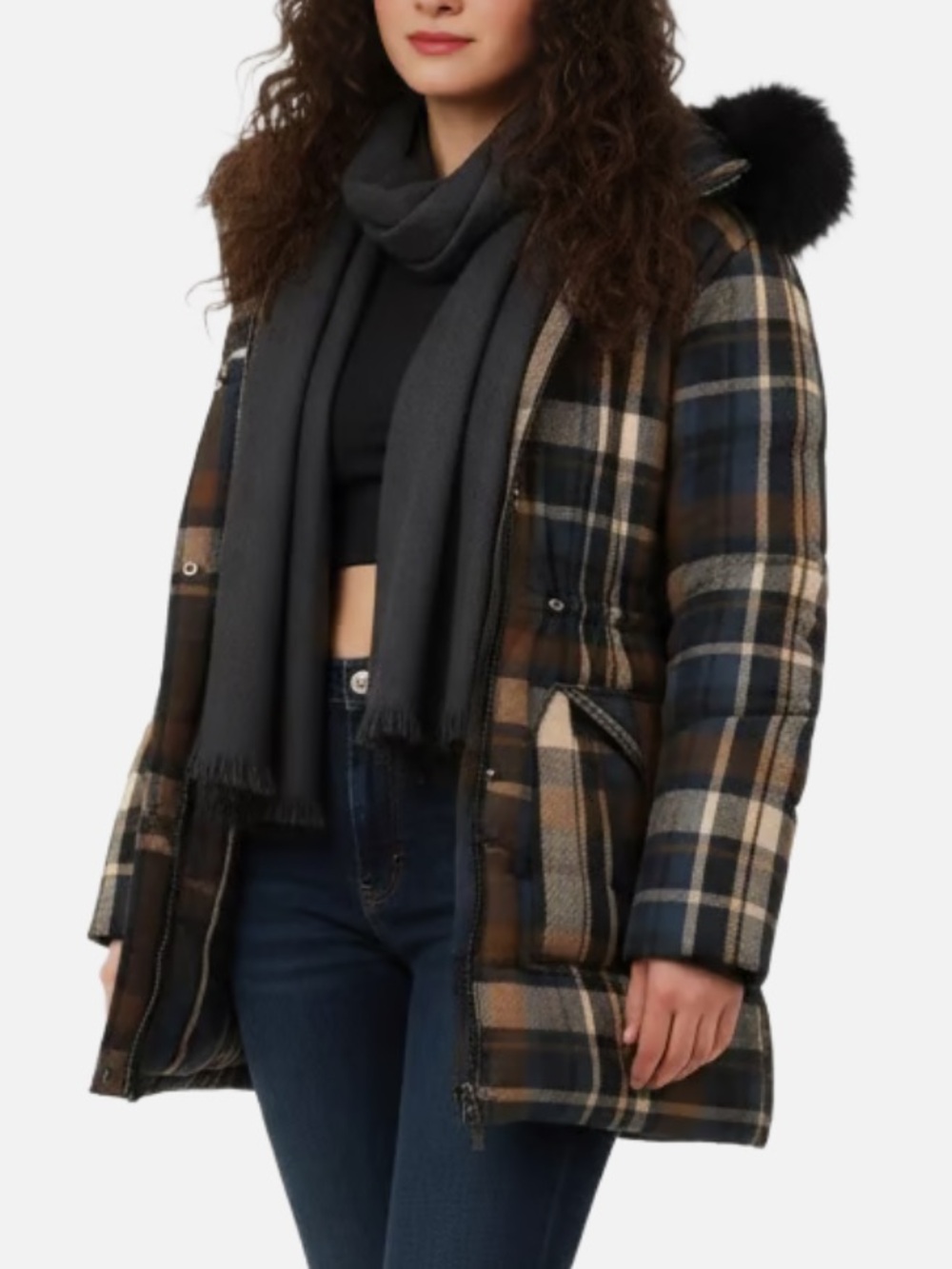 Urban Republic Plaid Hooded Puffer Coat in Brown and Navy
